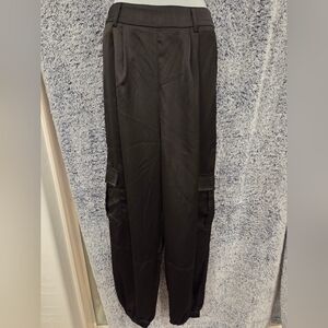 NWT Luxe Black Satin Pleated Women's Cargo Baggy Pants